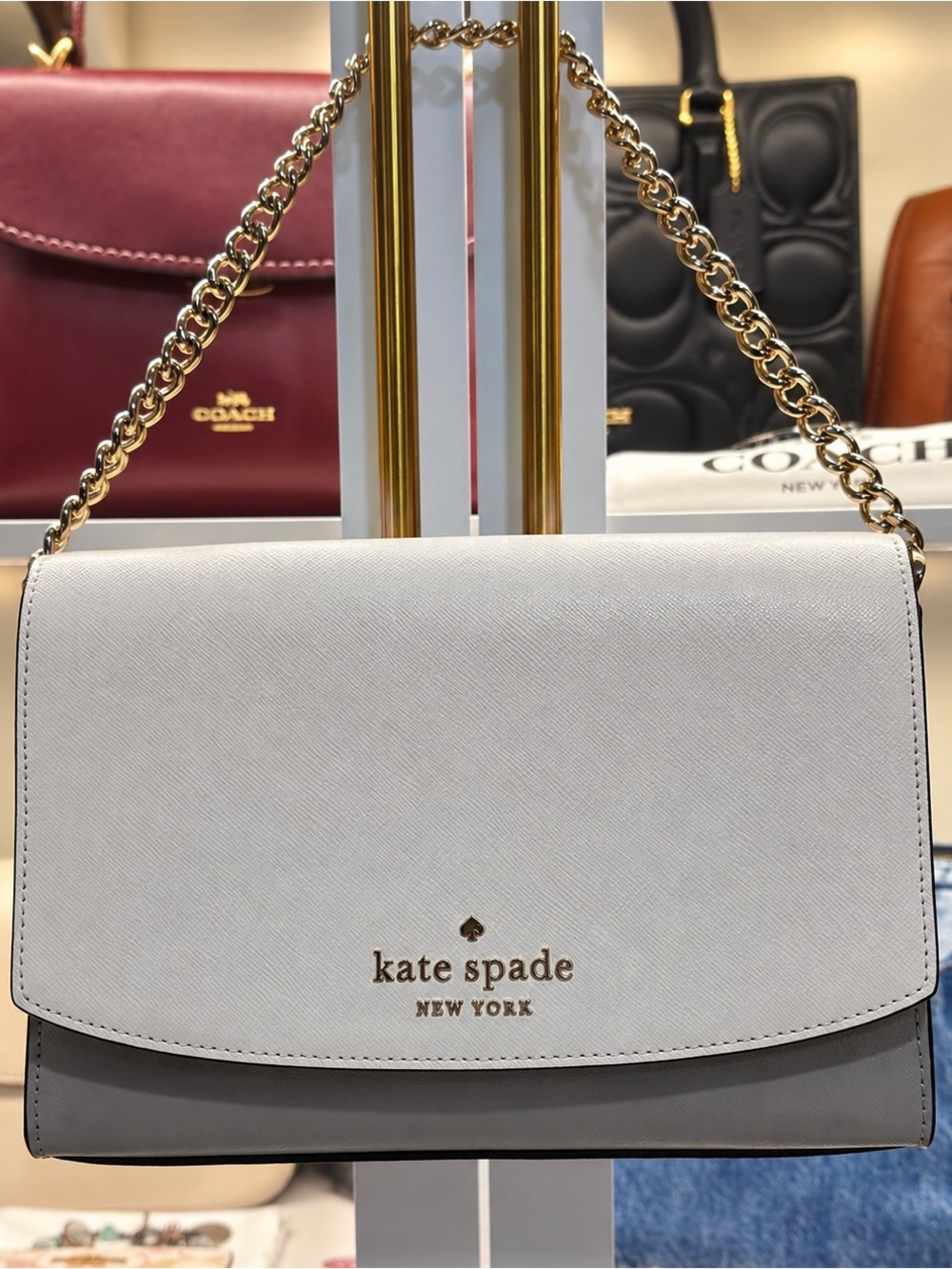 kate spade Two-Tone White and Gray Chain Shoulder Bag with Gold Hardware